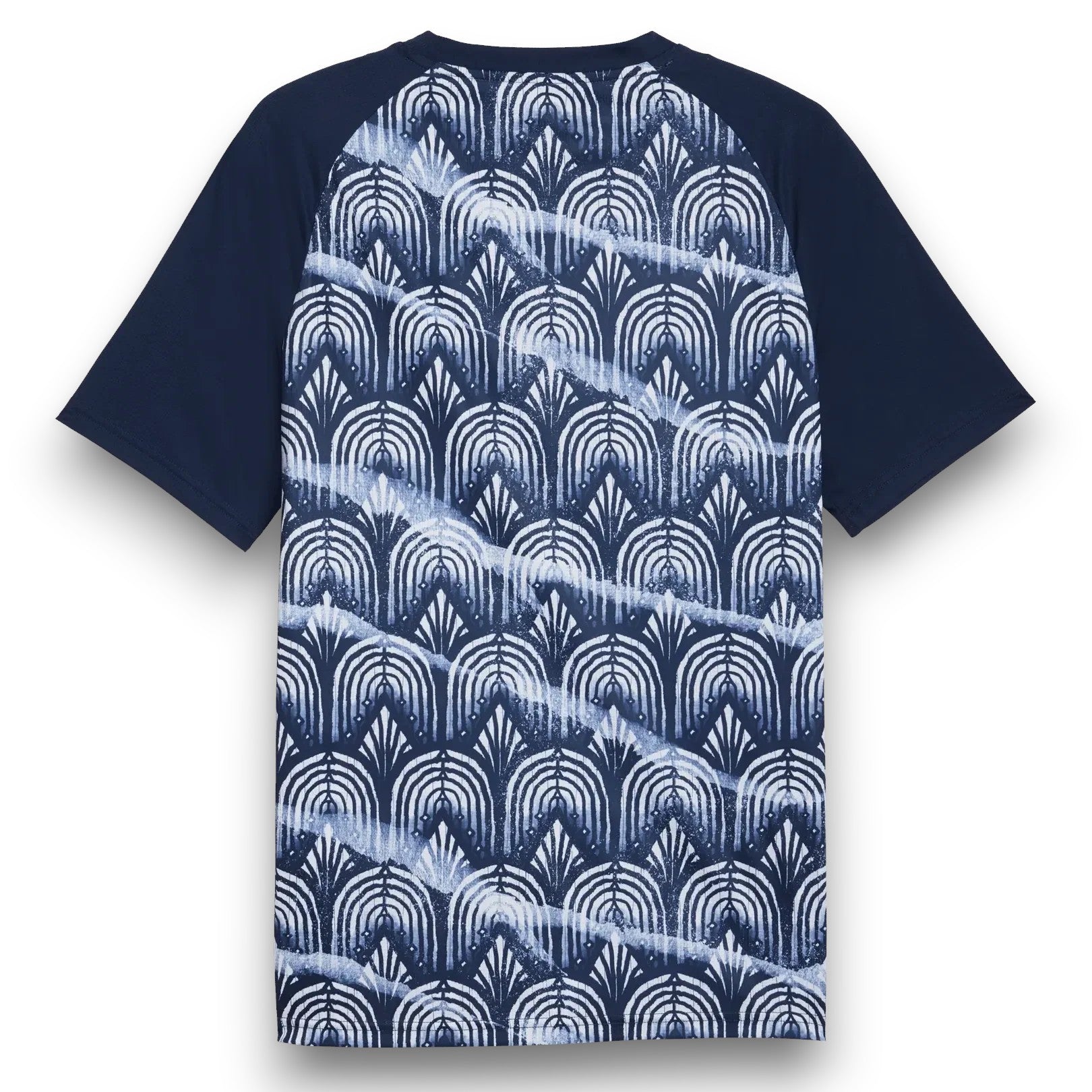 GOATkitz navy blue training jersey with a repeating art deco fan pattern in white and blue. Raglan sleeves.
