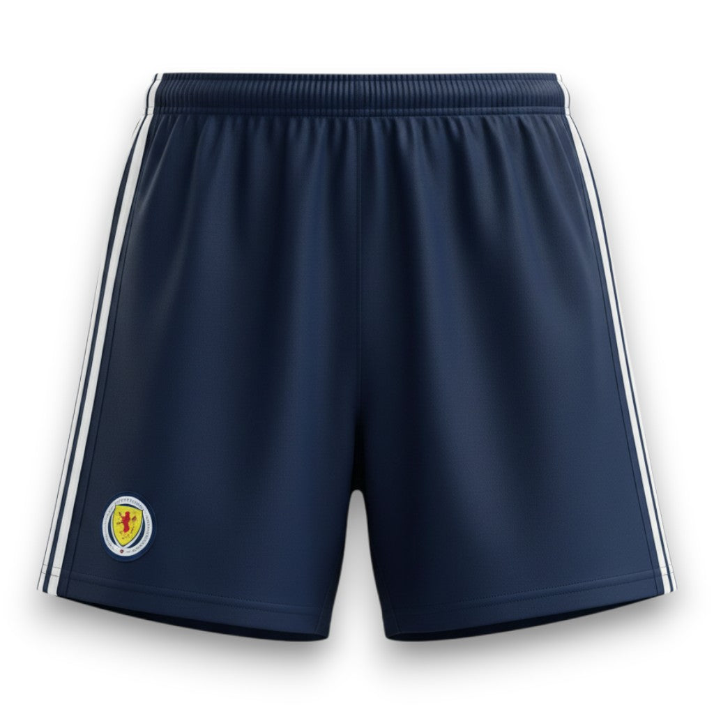 GOATkitz navy blue kids soccer shorts with white stripes and Scotland crest