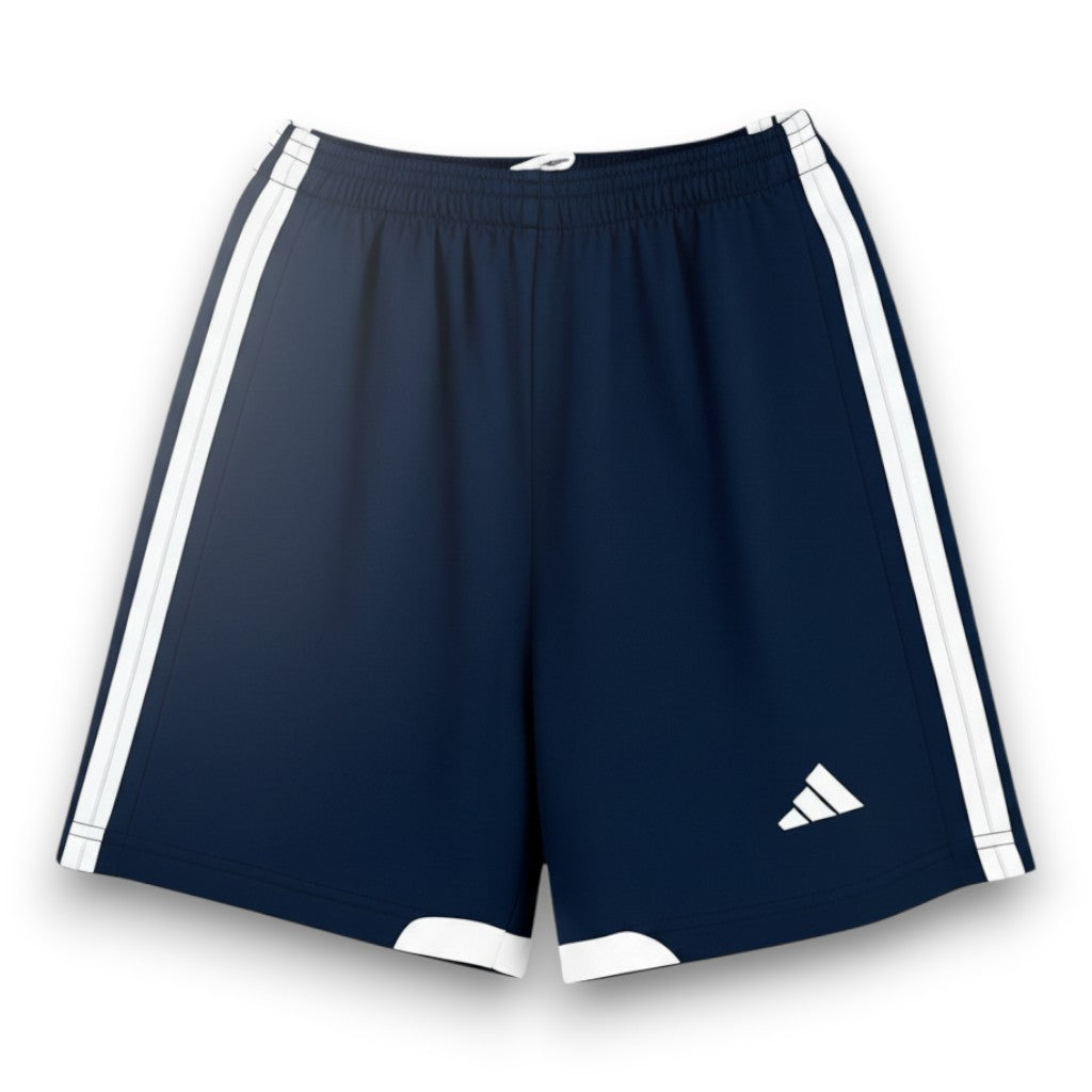 GOATkitz navy blue kids soccer shorts with white stripes and Adidas logo. Elastic waistband with drawstring.