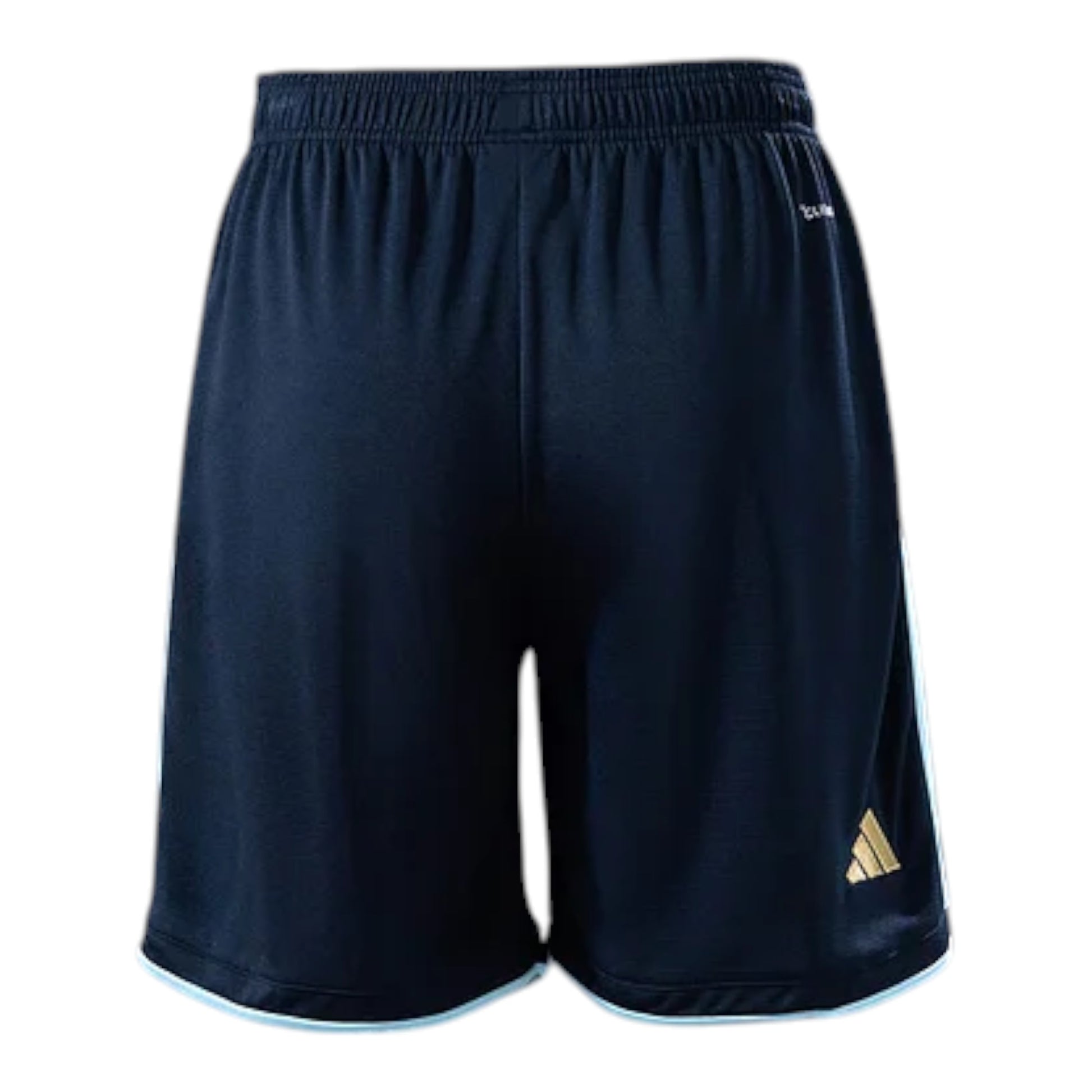 GOATkitz navy blue kids soccer shorts with light blue trim and gold Adidas logo. Elastic waistband.