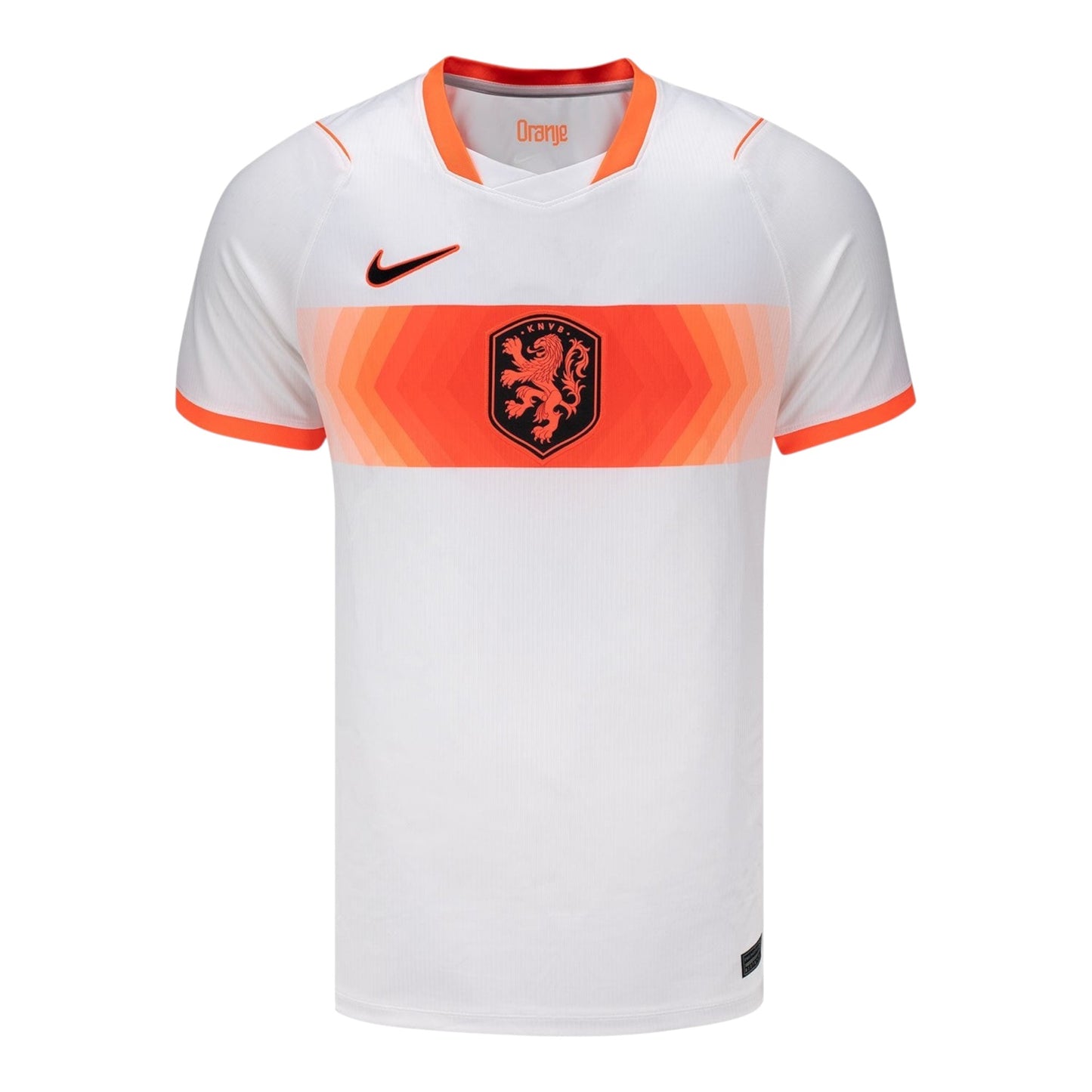 GOATkitz Netherlands 2026 white adult away jersey with orange accents and crest. Customizable name and number.