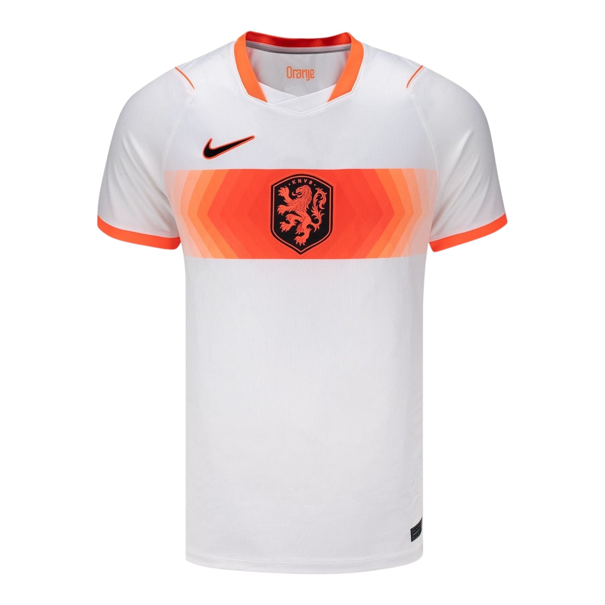 GOATkitz Netherlands 2026 white adult away jersey with orange accents and crest. Customizable name and number.
