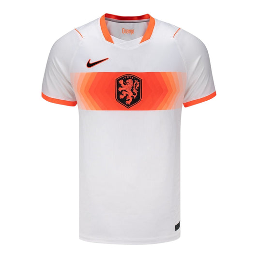 GOATkitz Netherlands 2026 white adult away jersey with orange accents and crest. Customizable name and number.