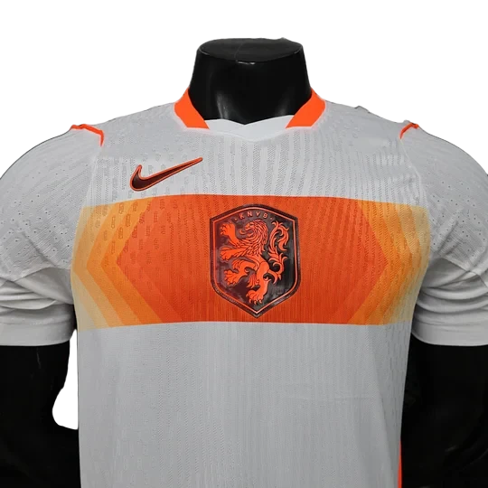 GOATkitz Netherlands 2026 player version away jersey, white with orange accents and the KNVB crest. Nike logo on chest.