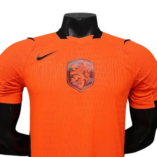 GOATkitz Netherlands 2026 player version orange football jersey with black trim and lion crest. Customizable.