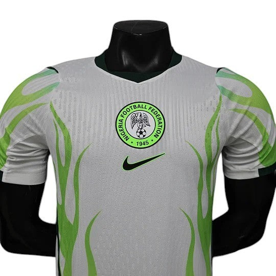 GOATkitz Nigeria 2026 Player Version Away Jersey in white with green flame accents and the Nigeria Football Federation crest.