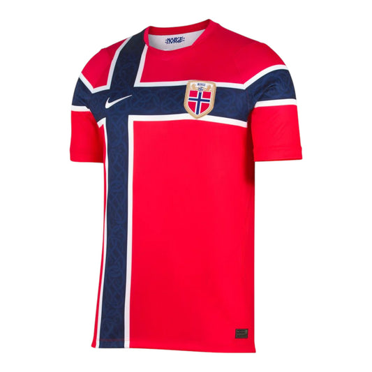 GOATkitz Norway 2026 adult home jersey in red with blue and white accents. Features a crest and customizable options.