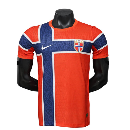 GOATkitz Norway 2026 Player Version Home Jersey in orange with blue and white accents, featuring the Norway crest and Nike logo.