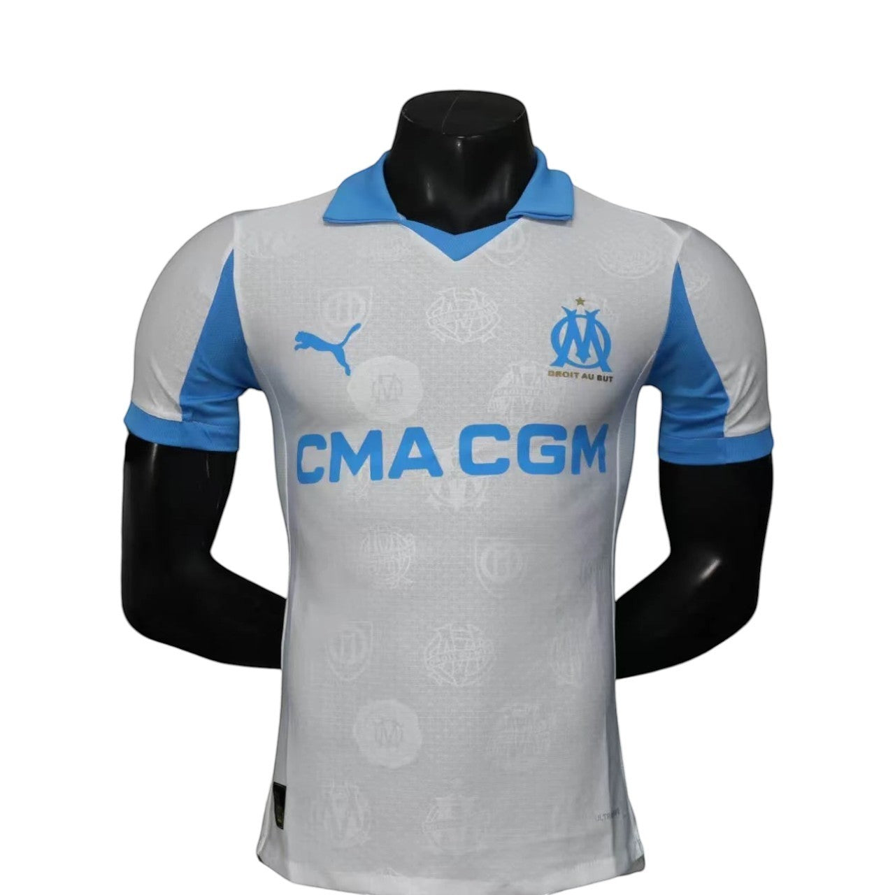 GOATkitz Olympique de Marseille 2025-26 player version home jersey in white with light blue accents and CMA CGM sponsor.