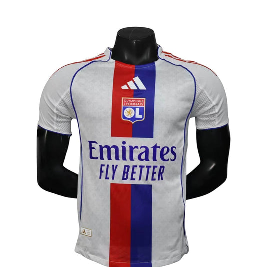 GOATkitz Olympique Lyonnais 2025-26 player version white football jersey with red and blue vertical stripes and Emirates Fly Better sponsor.