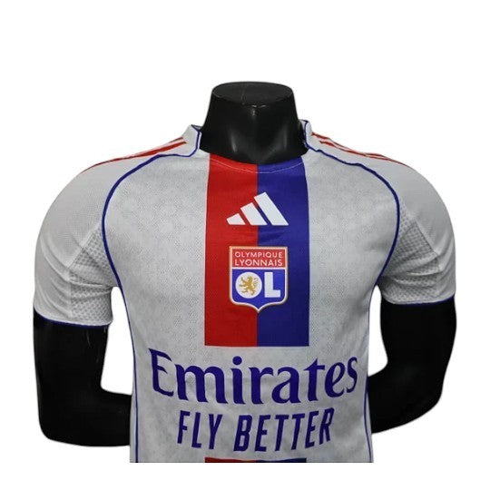 GOATkitz Olympique Lyonnais 2025-26 player version white football jersey with red and blue vertical stripe, Adidas logo, club crest, and Emirates Fly Better sponsor.
