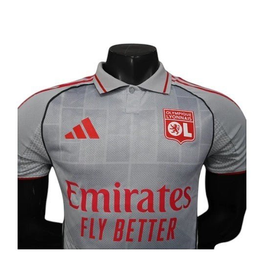 GOATkitz Olympique Lyonnais 2025-26 Player Version Third Jersey, grey with red accents, customizable name and number.