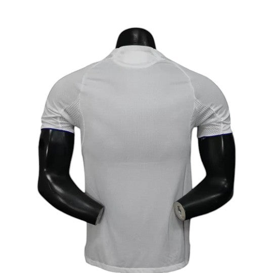 GOATkitz Olympique Lyonnais 2025-26 white player version football jersey with blue trim on sleeves. Customizable.
