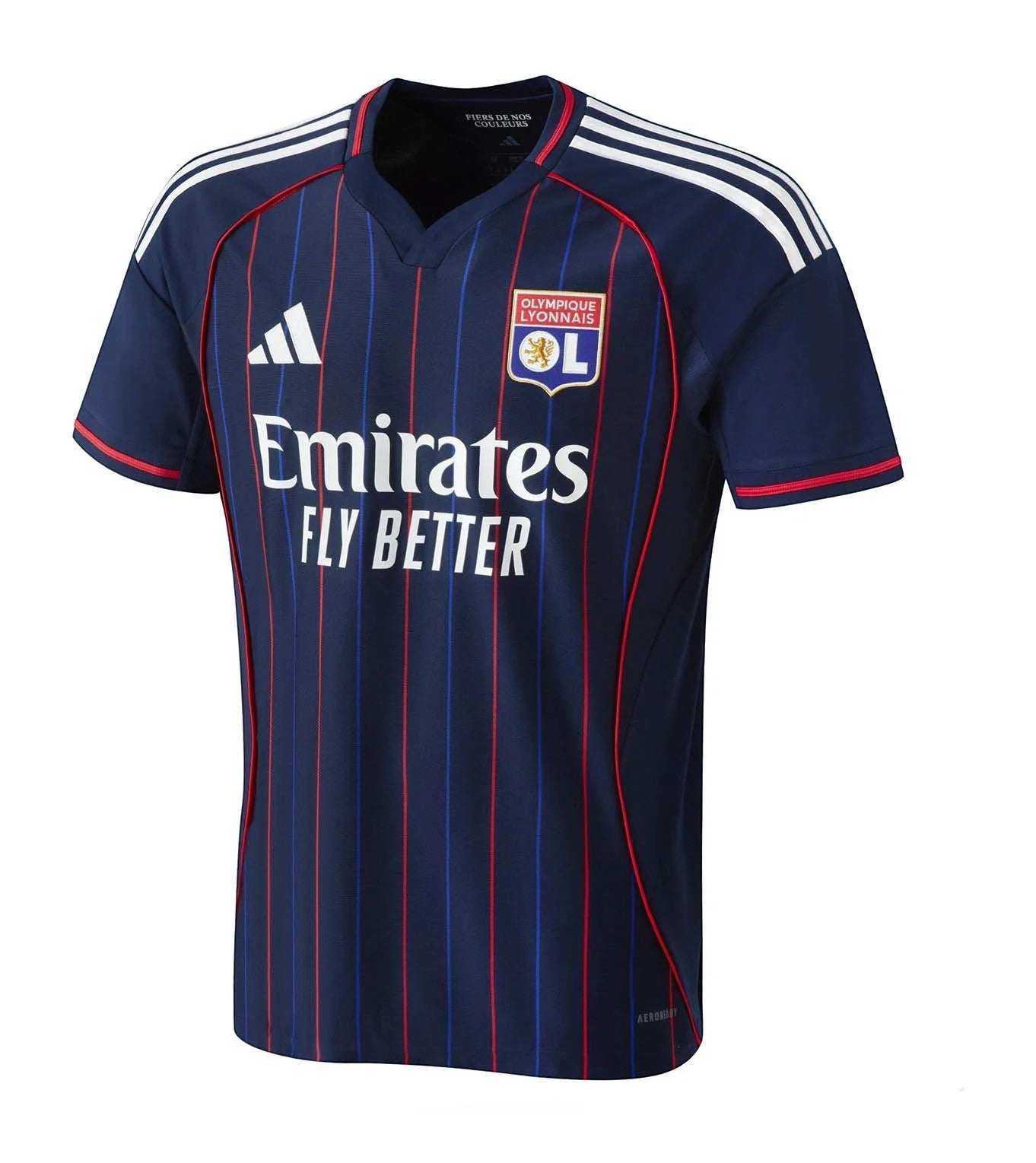 GOATkitz Olympique Lyonnais 2025-26 navy blue football jersey with red and blue vertical stripes, white Emirates Fly Better logo.