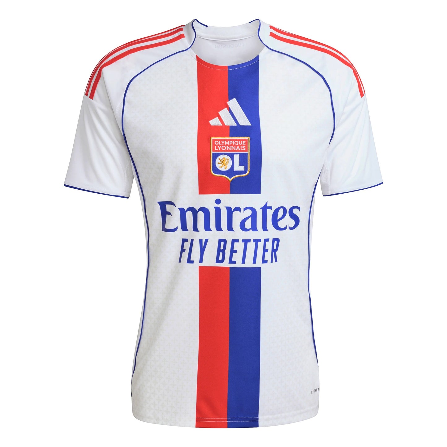 GOATkitz Olympique Lyonnais 2025-26 adult home jersey in white with red and blue vertical stripes, featuring the club crest and Emirates Fly Better sponsor.