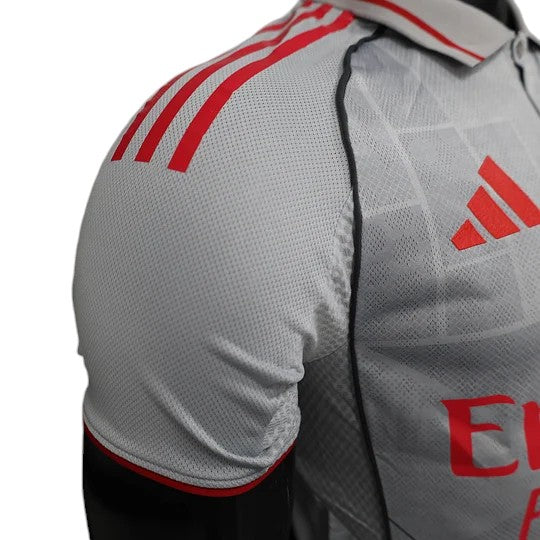 GOATkitz Olympique Lyonnais 2025-26 player version third jersey, light grey with red Adidas stripes and logo. Customizable.