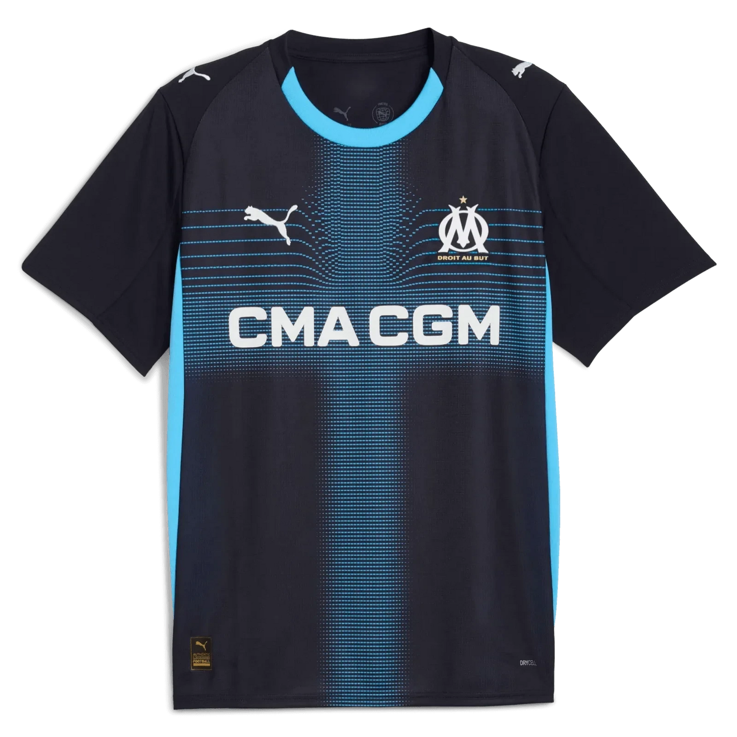 GOATkitz Olympique de Marseille 2025-26 adult away jersey in dark navy with light blue accents and CMA CGM sponsor logo.