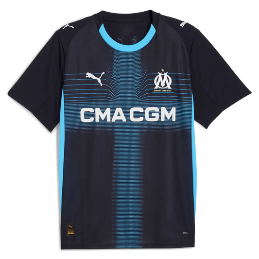 GOATkitz Olympique de Marseille 2025-26 adult away jersey in dark navy with light blue accents and CMA CGM sponsor logo.