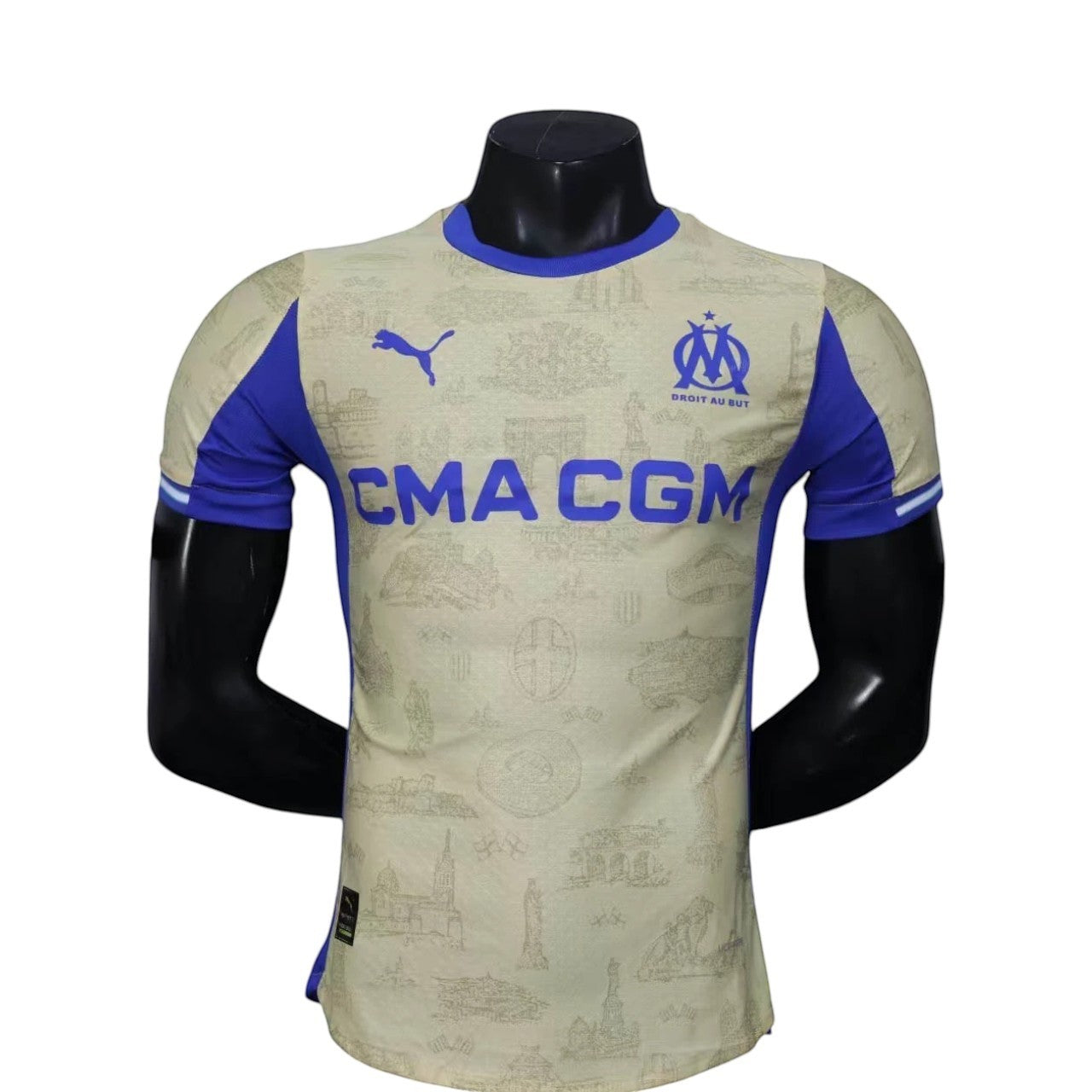 GOATkitz Olympique de Marseille 2025-26 player version fourth jersey in beige with blue accents and CMA CGM logo.