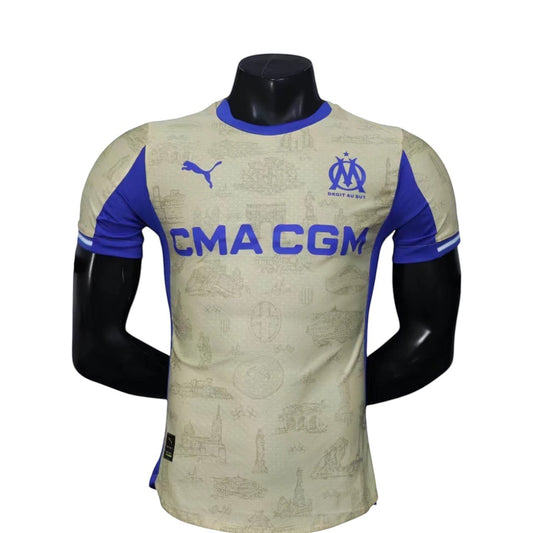 GOATkitz Olympique de Marseille 2025-26 player version fourth jersey in beige with blue accents and CMA CGM logo.