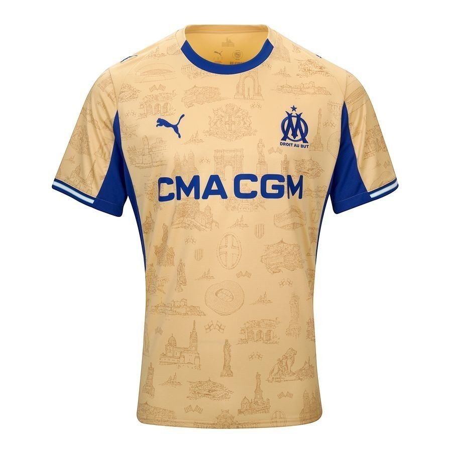 GOATkitz Olympique de Marseille 2025-26 adult fourth jersey in tan with blue accents and all-over city landmark print. Features CMA CGM logo.