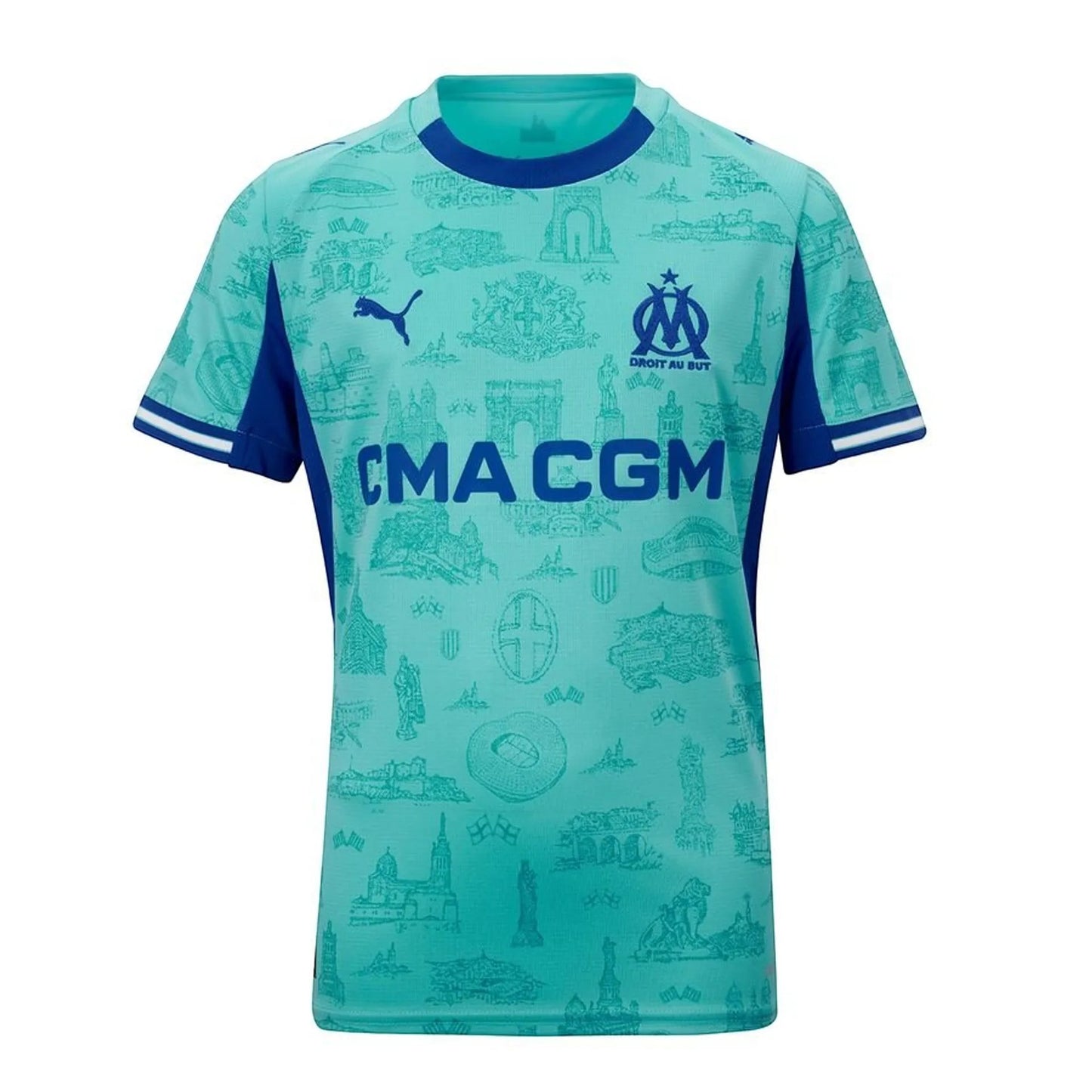 GOATkitz Olympique de Marseille 2025-26 adult goalkeeper jersey in teal with blue accents and a repeating pattern of Marseille landmarks. Features Puma and OM logos.