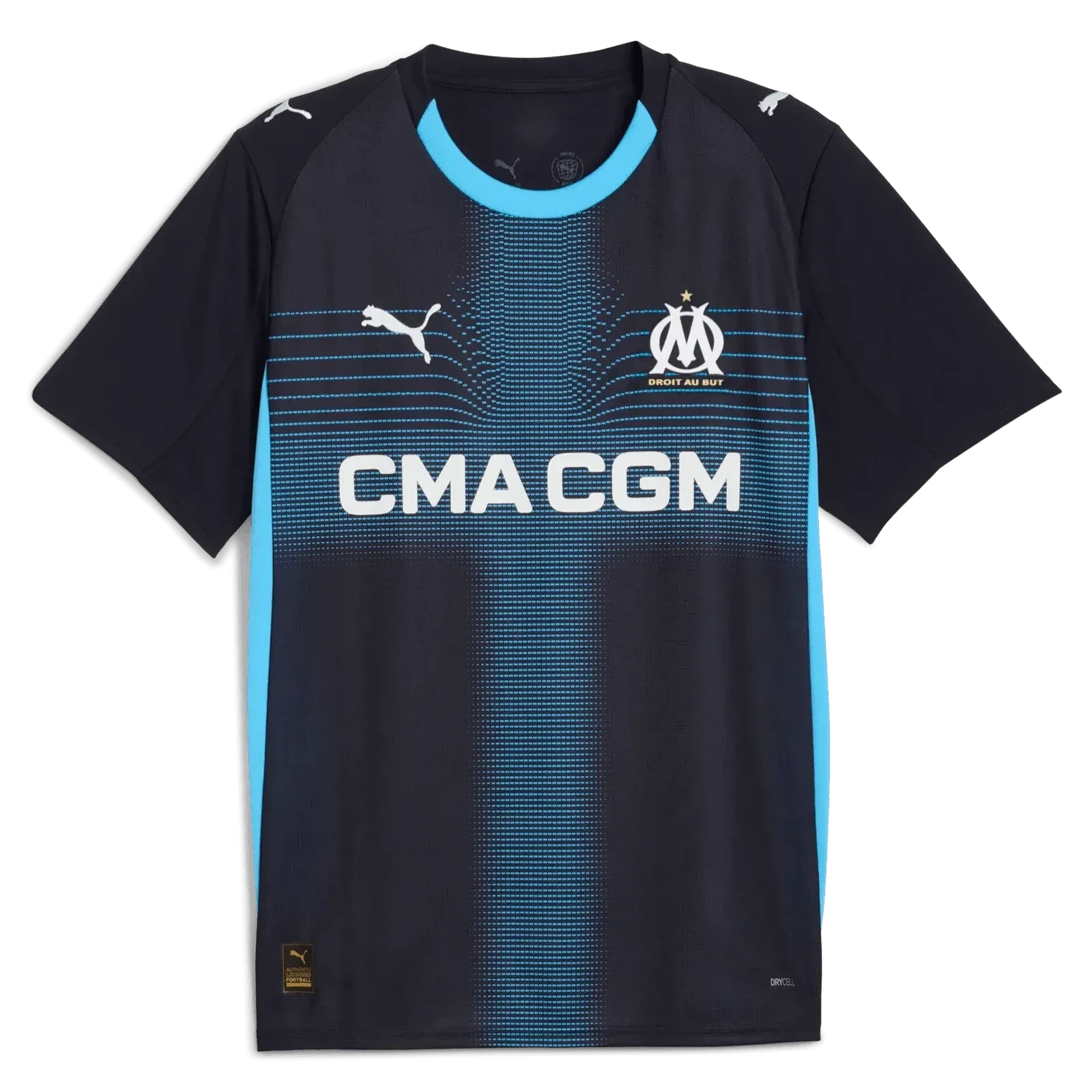GOATKitz Olympique de Marseille 2025-26 kids away jersey in dark blue with light blue accents and CMA CGM sponsor logo.
