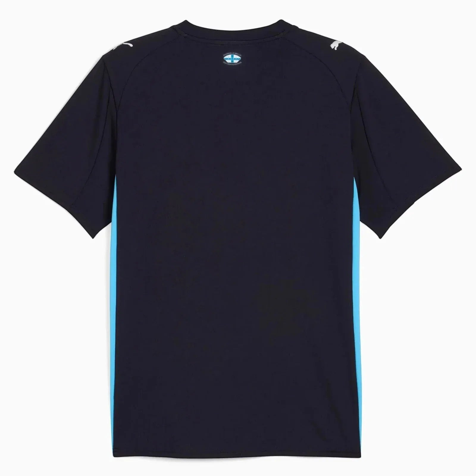 GOATkitz Olympique de Marseille 2025-26 kids away jersey, dark navy with light blue side panels and club crest.