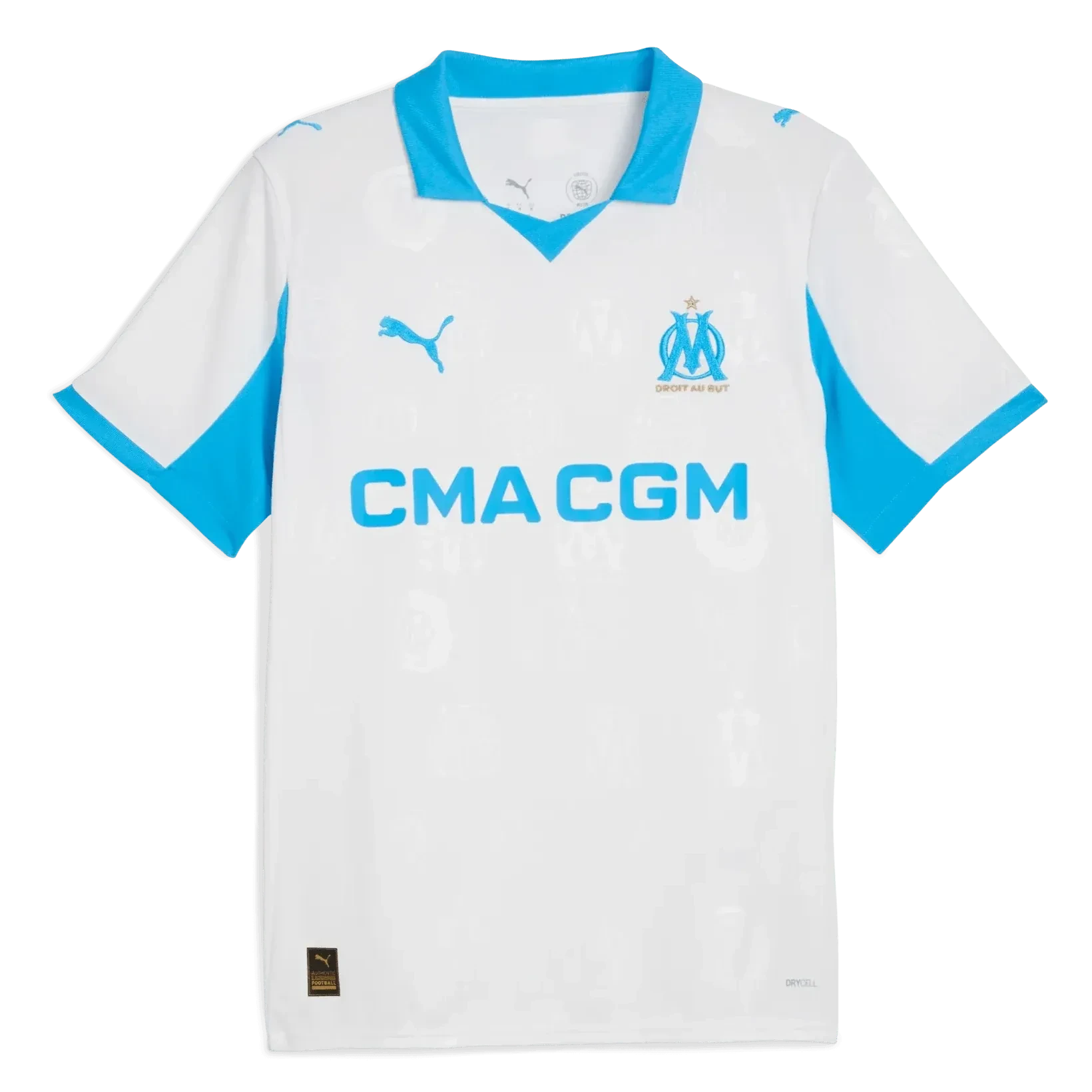 GOATkitz Olympique de Marseille 2025-26 kids home jersey in white with blue accents and CMA CGM logo. Features Puma branding and club crest.