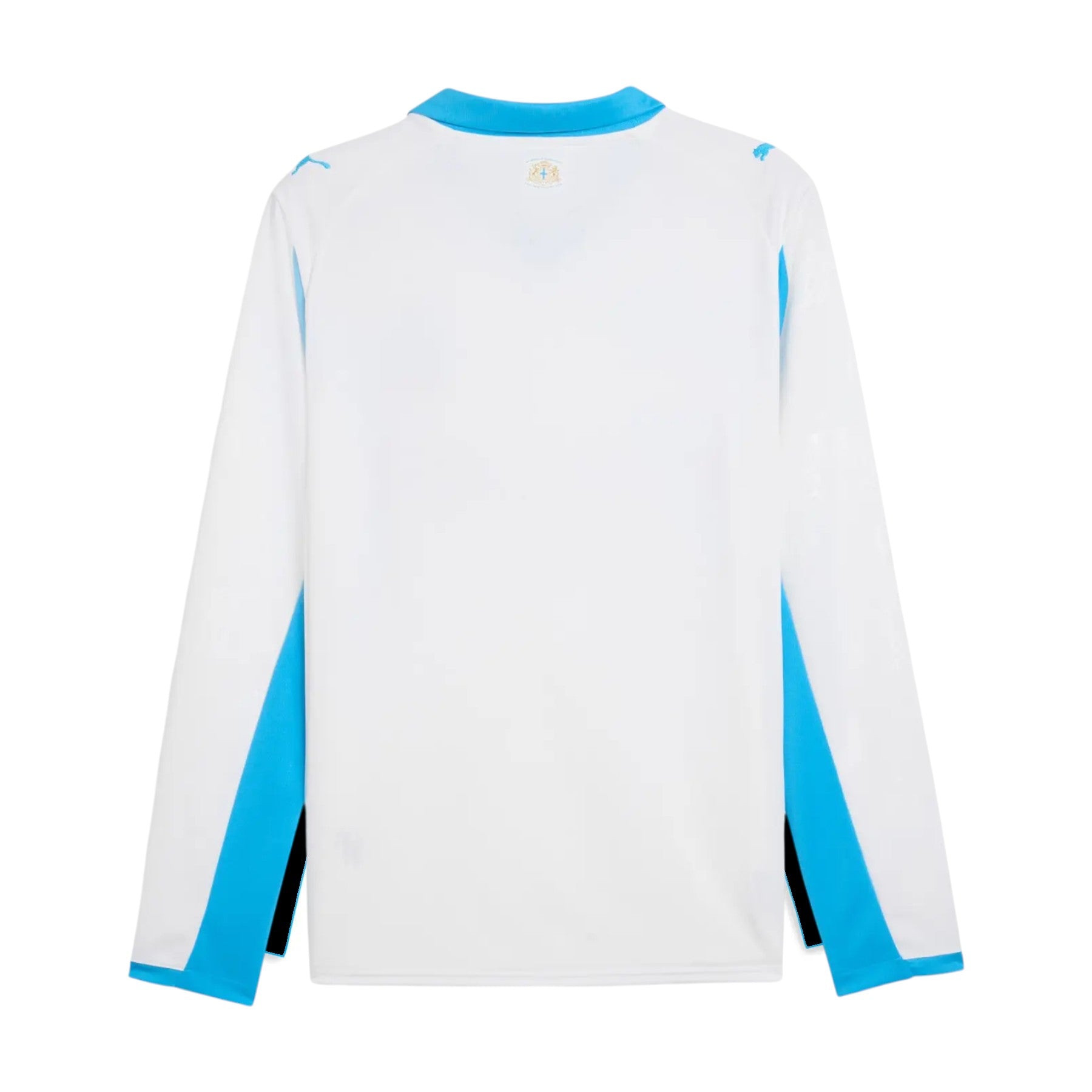 GOATkitz Olympique de Marseille 2025-26 adult home long sleeve jersey in white with blue accents. Customizable.