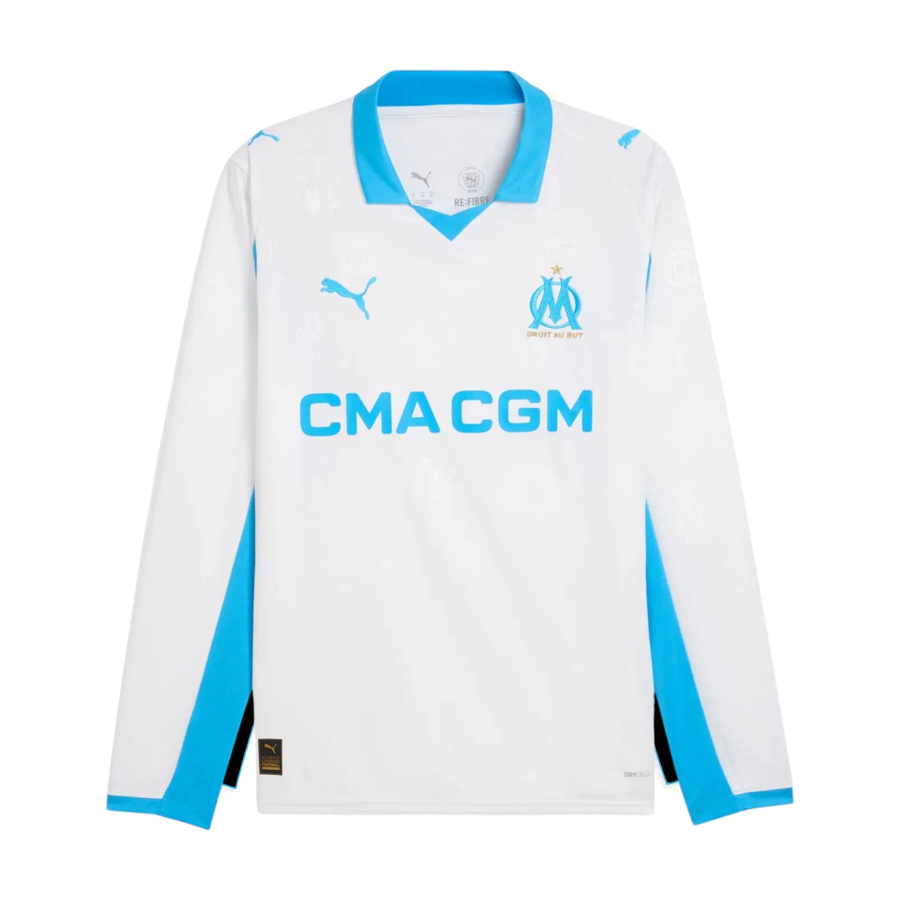 GOATkitz white long sleeve Olympique de Marseille 2025-26 home jersey with blue accents and CMA CGM logo.