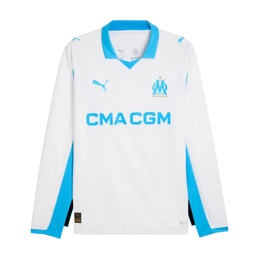 GOATkitz white long sleeve Olympique de Marseille 2025-26 home jersey with blue accents and CMA CGM logo.