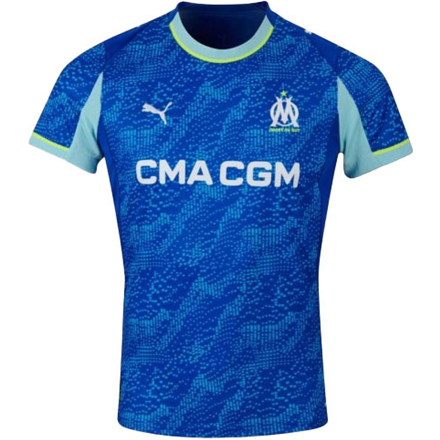 GOATkitz Olympique de Marseille 2025-26 adult third jersey in blue with CMA CGM logo and light blue accents.