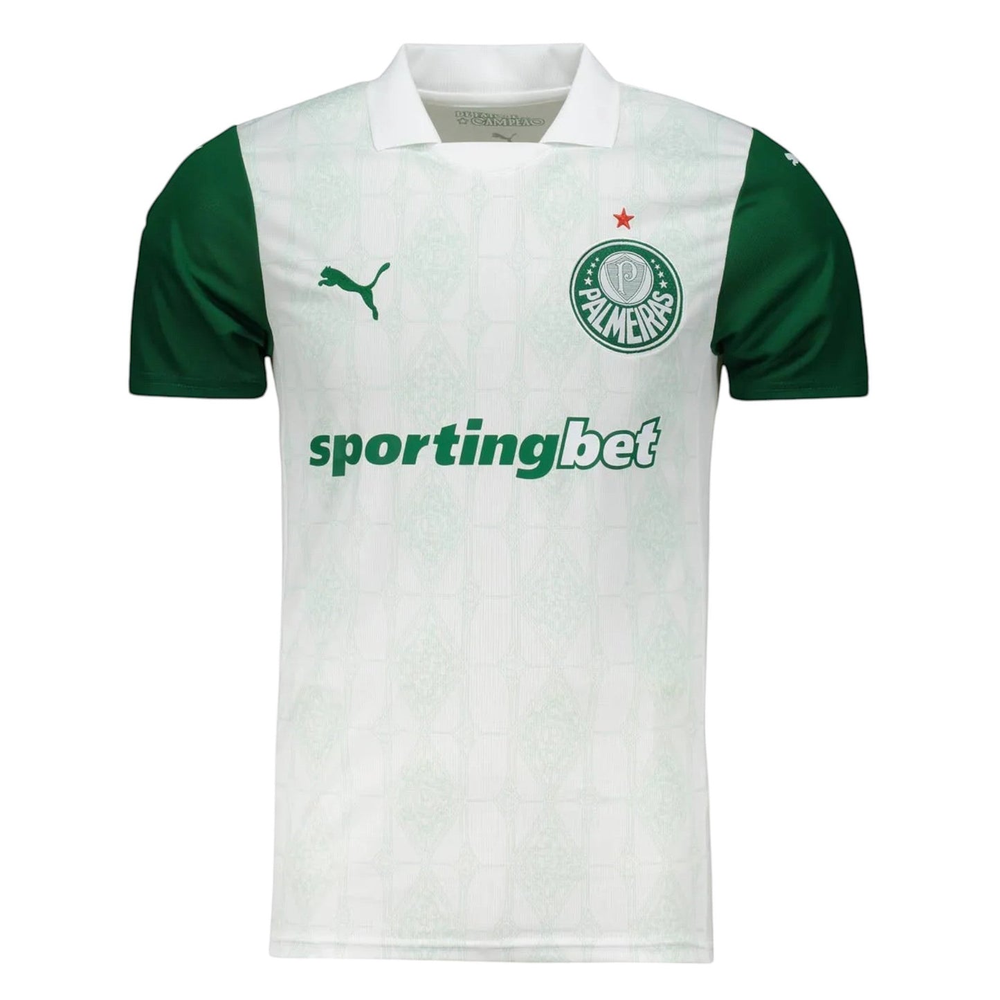 GOATkitz Palmeiras 2025-26 adult away jersey in white with green sleeves and accents. Features club crest, Puma logo, and sponsor.