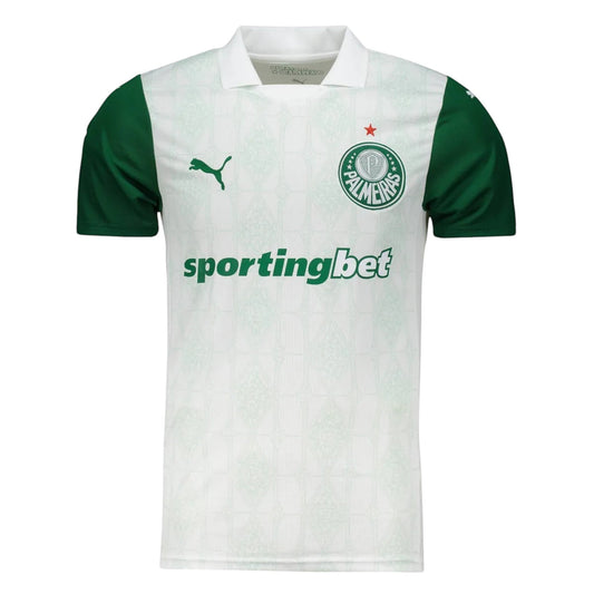 GOATkitz Palmeiras 2025-26 adult away jersey in white with green sleeves and accents. Features club crest, Puma logo, and sponsor.
