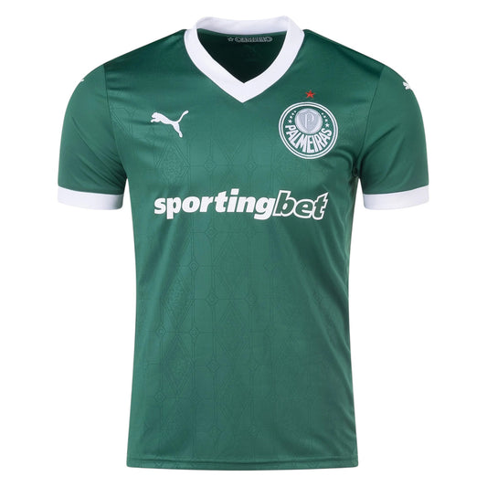 GOATkitz Palmeiras 2025-26 kids home jersey in green with white trim and Sportingbet logo. Features Puma logo and Palmeiras crest.