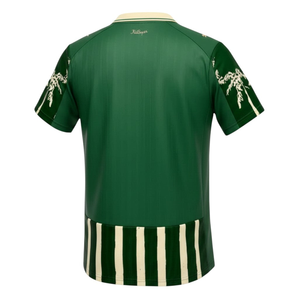 GOATkitz green Palmeiras special edition jersey with palm tree print on sleeves and cream stripes at hem. Customizable.