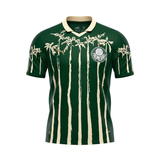 GOATkitz Palmeiras Palm Tree Special Edition Jersey in dark green with cream vertical stripes and palm tree graphics. Features a cream collar and club crest.