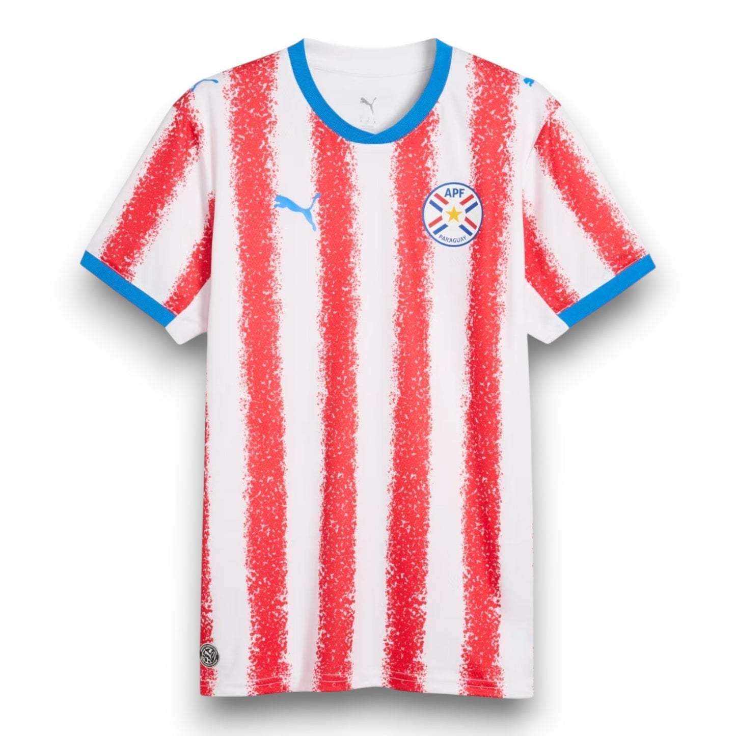 GOATkitz Paraguay 2026 Adult Home Jersey, white with red vertical stripes and blue trim. Features Puma logo and Paraguay crest.