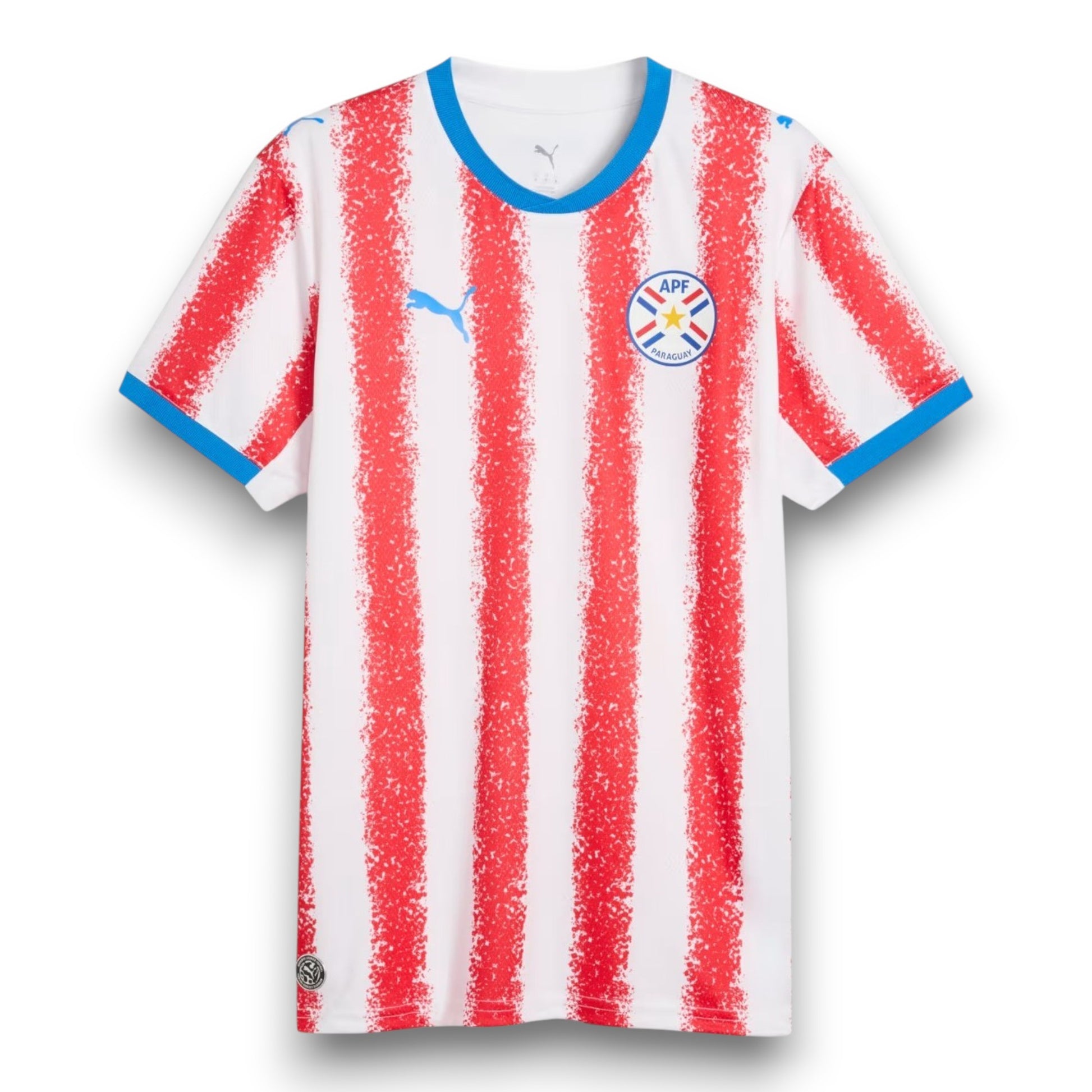 GOATkitz Paraguay 2026 Adult Home Jersey, white with red vertical stripes and blue trim. Features Puma logo and Paraguay crest.