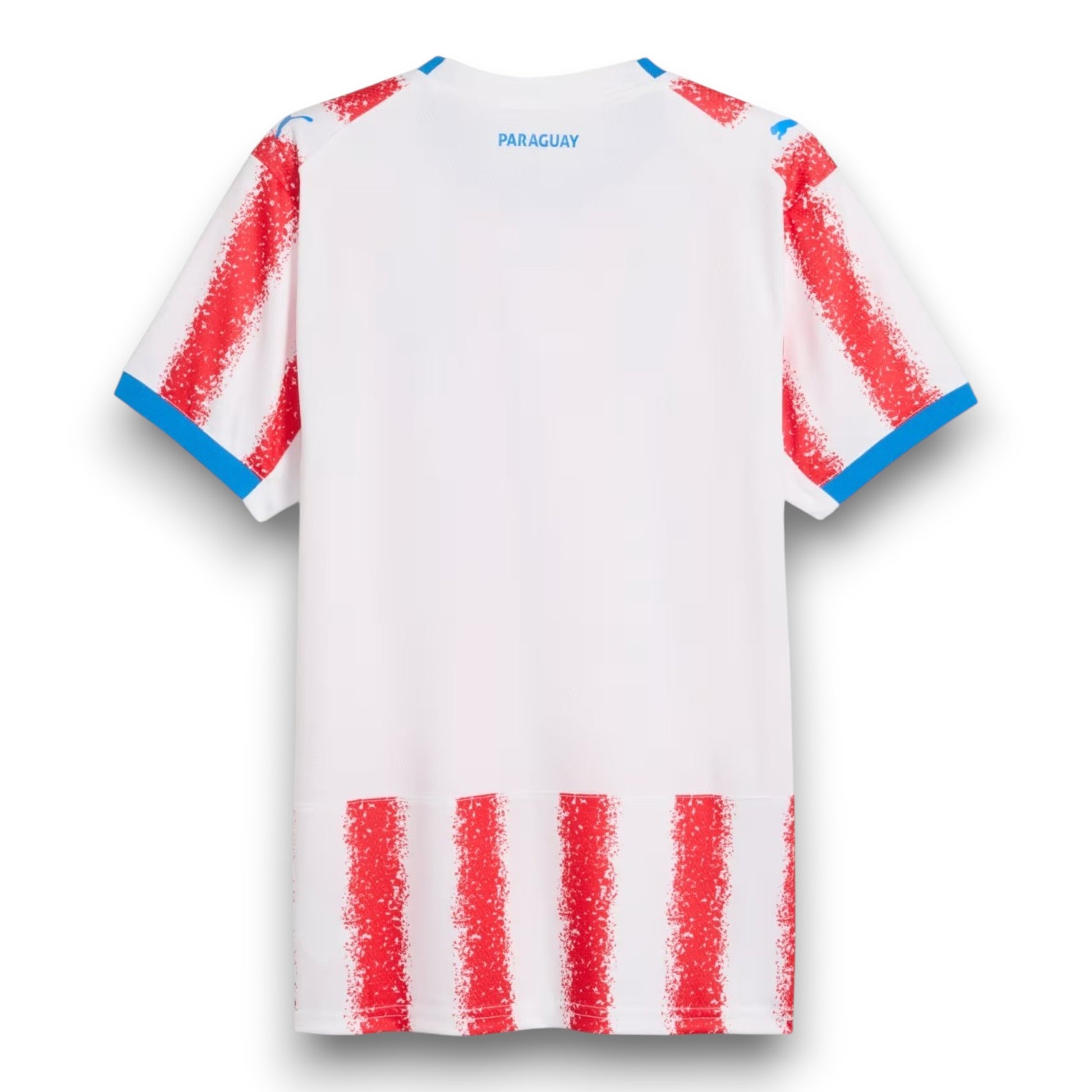 GOATkitz Paraguay 2026 adult home jersey, white with red brushstroke stripes on sleeves and hem, blue trim.