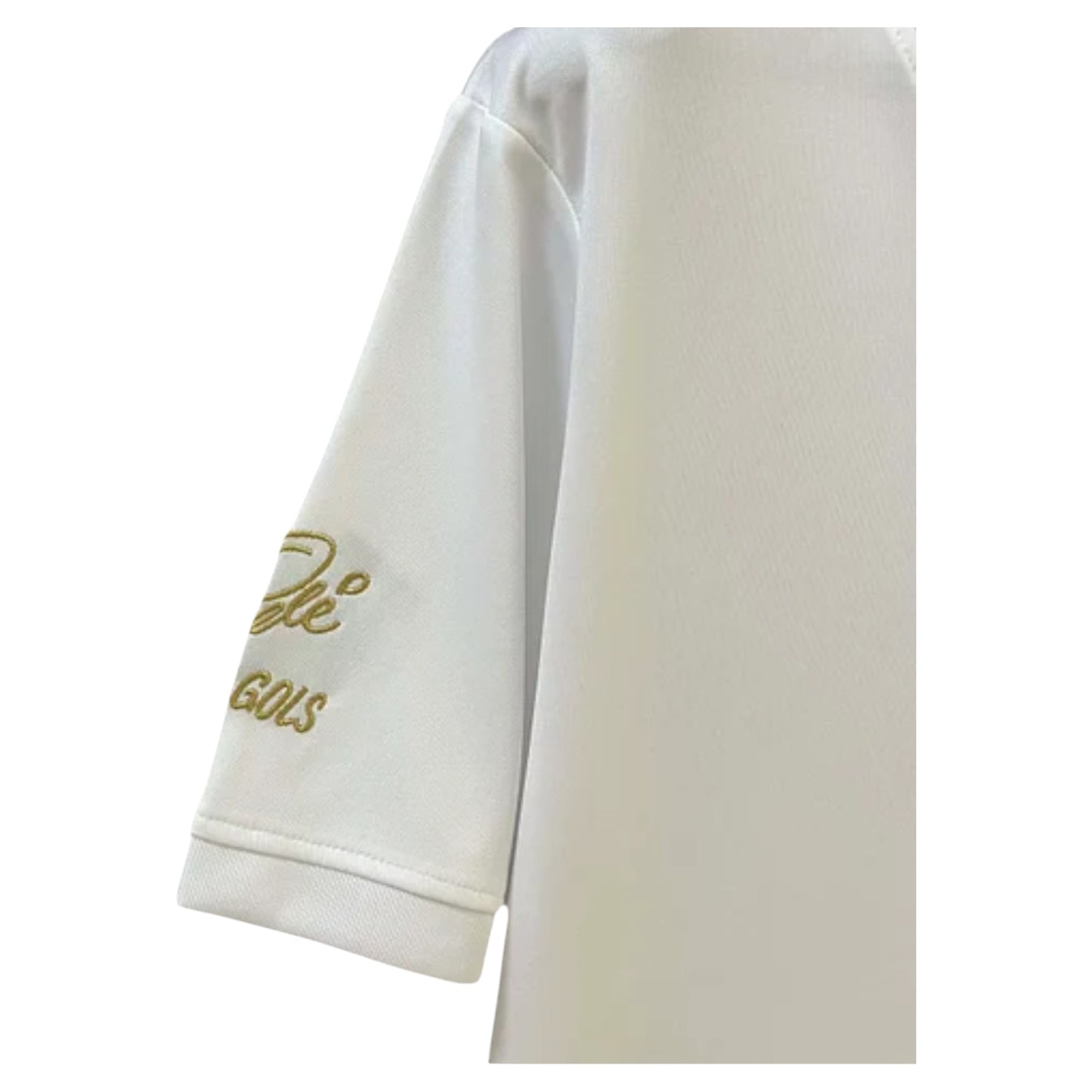 GOATkitz white commemorative football jersey with gold Pele signature and 'GOLS' text on sleeve.