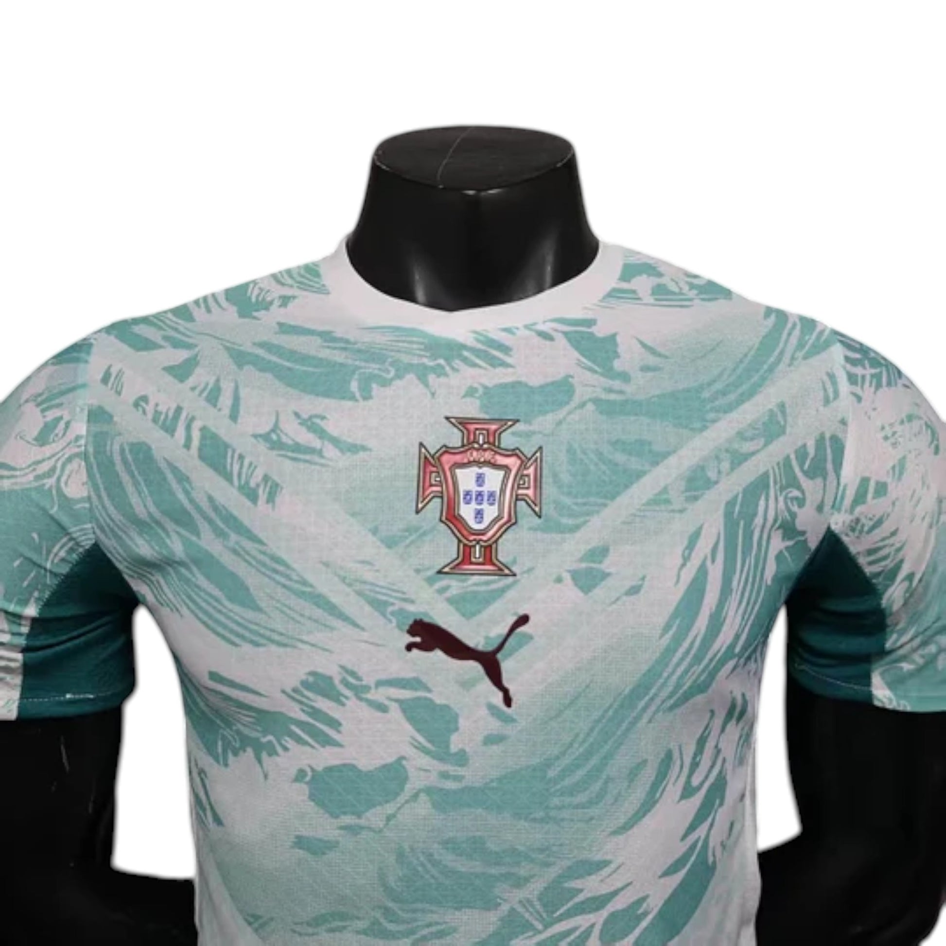 GOATkitz Portugal 2026 long sleeve player version away jersey in white and teal with abstract pattern. Features crest and Puma logo.