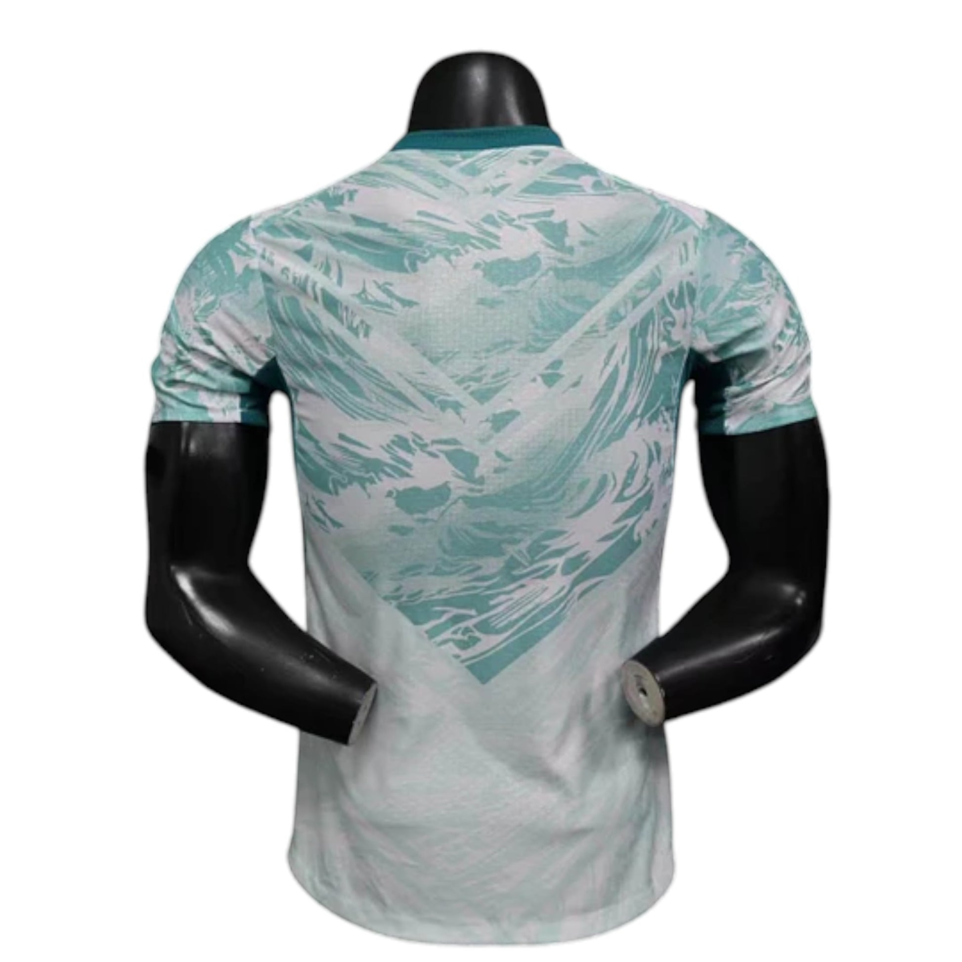 GOATkitz Portugal 2026 player version away jersey, light teal and white abstract pattern, short sleeves, crew neck.