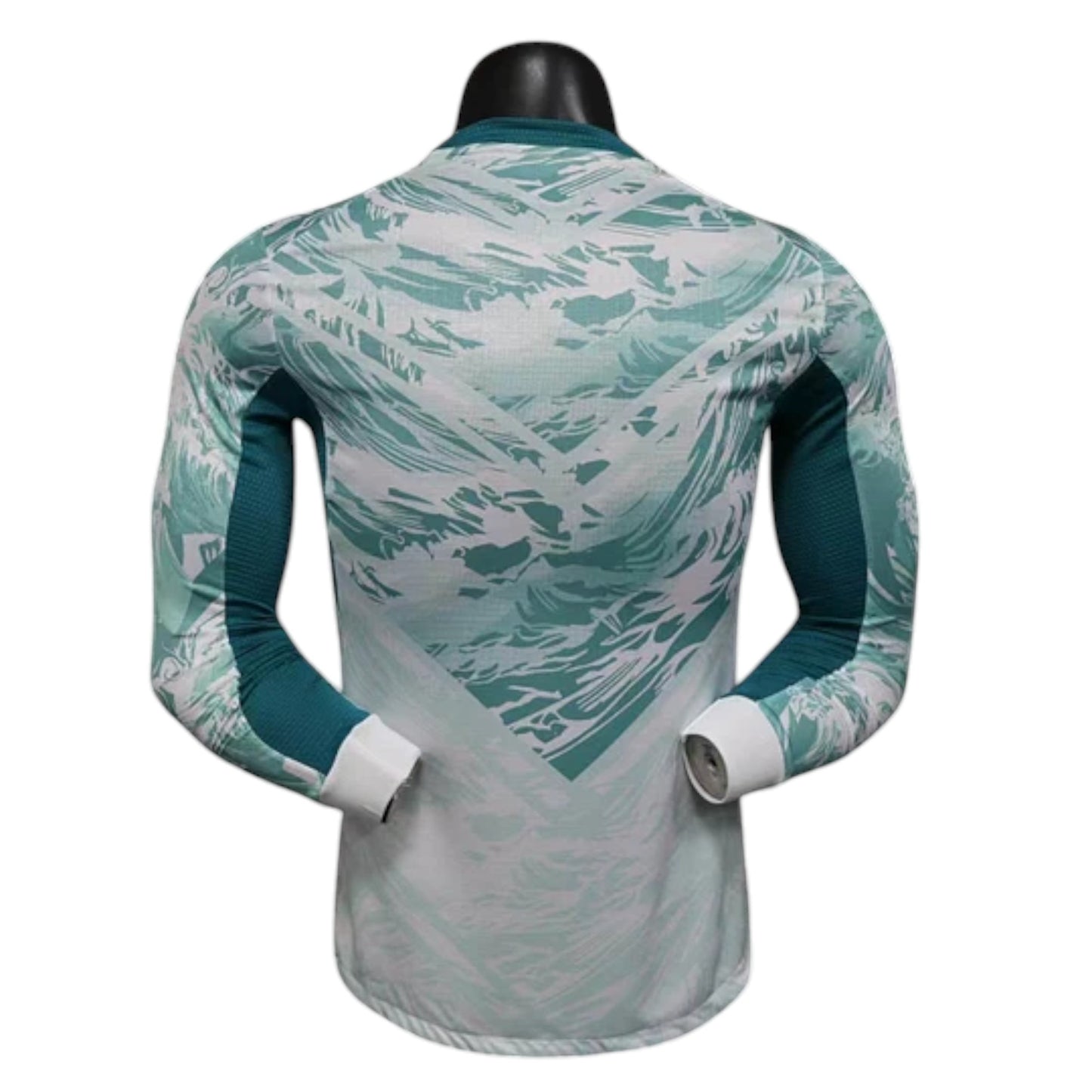 GOATkitz Portugal 2026 long sleeve player version away jersey in white and teal abstract pattern.