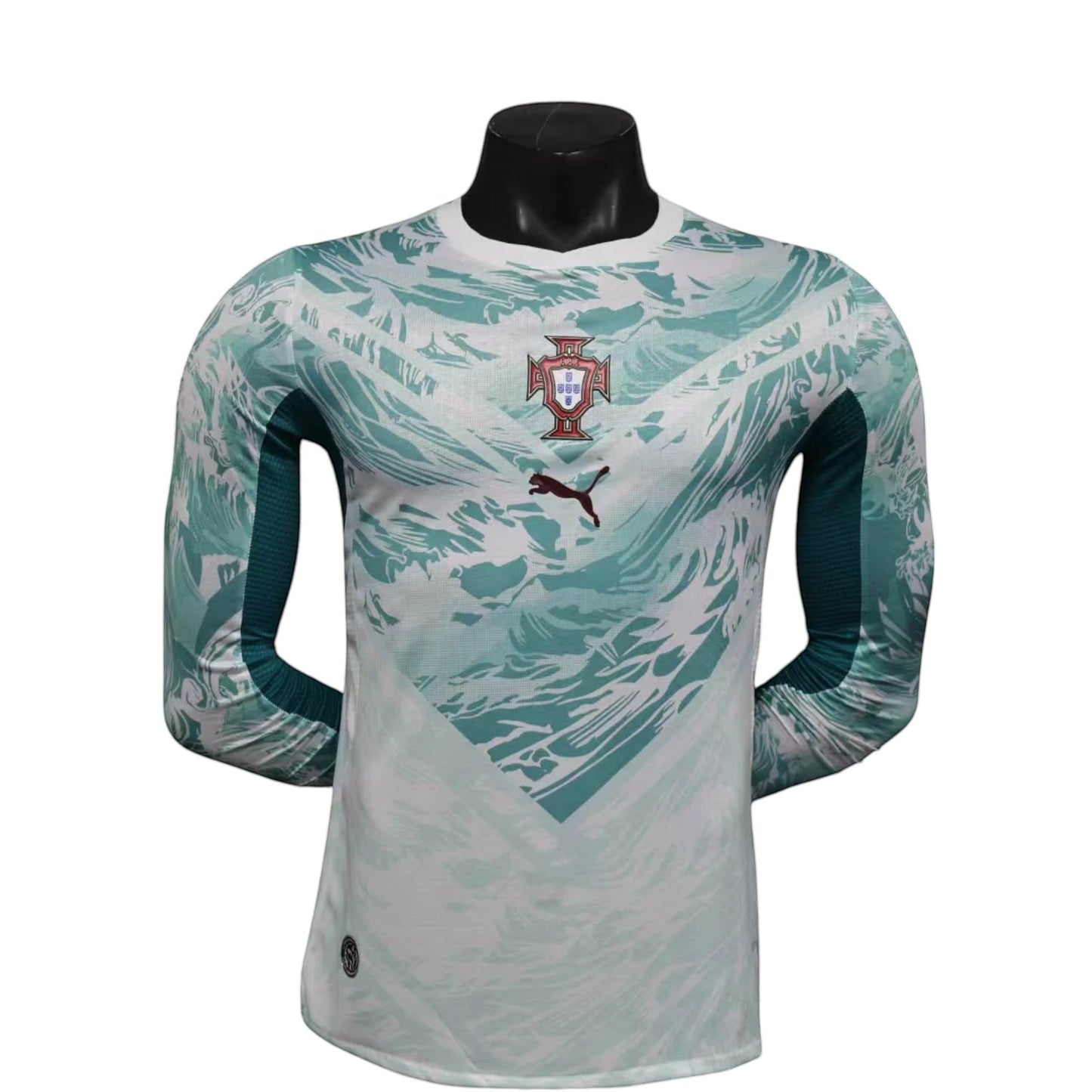 GOATkitz Portugal 2026 long sleeve player version away jersey in white and teal abstract pattern. Features crest and Puma logo.