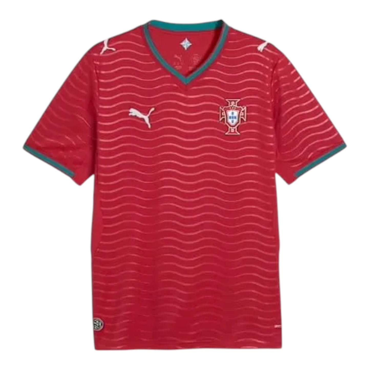 GOATkitz Portugal 2026 adult home jersey in red with a wavy pattern, teal trim, and embroidered crest.