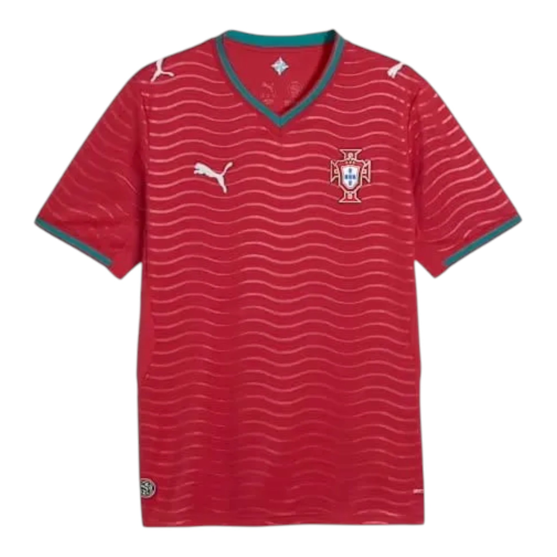 GOATkitz Portugal 2026 adult home jersey in red with a wavy pattern, teal trim, and embroidered crest.