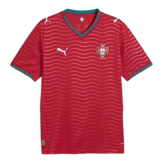 GOATkitz Portugal 2026 adult home jersey in red with a wavy pattern, teal trim, and embroidered crest.