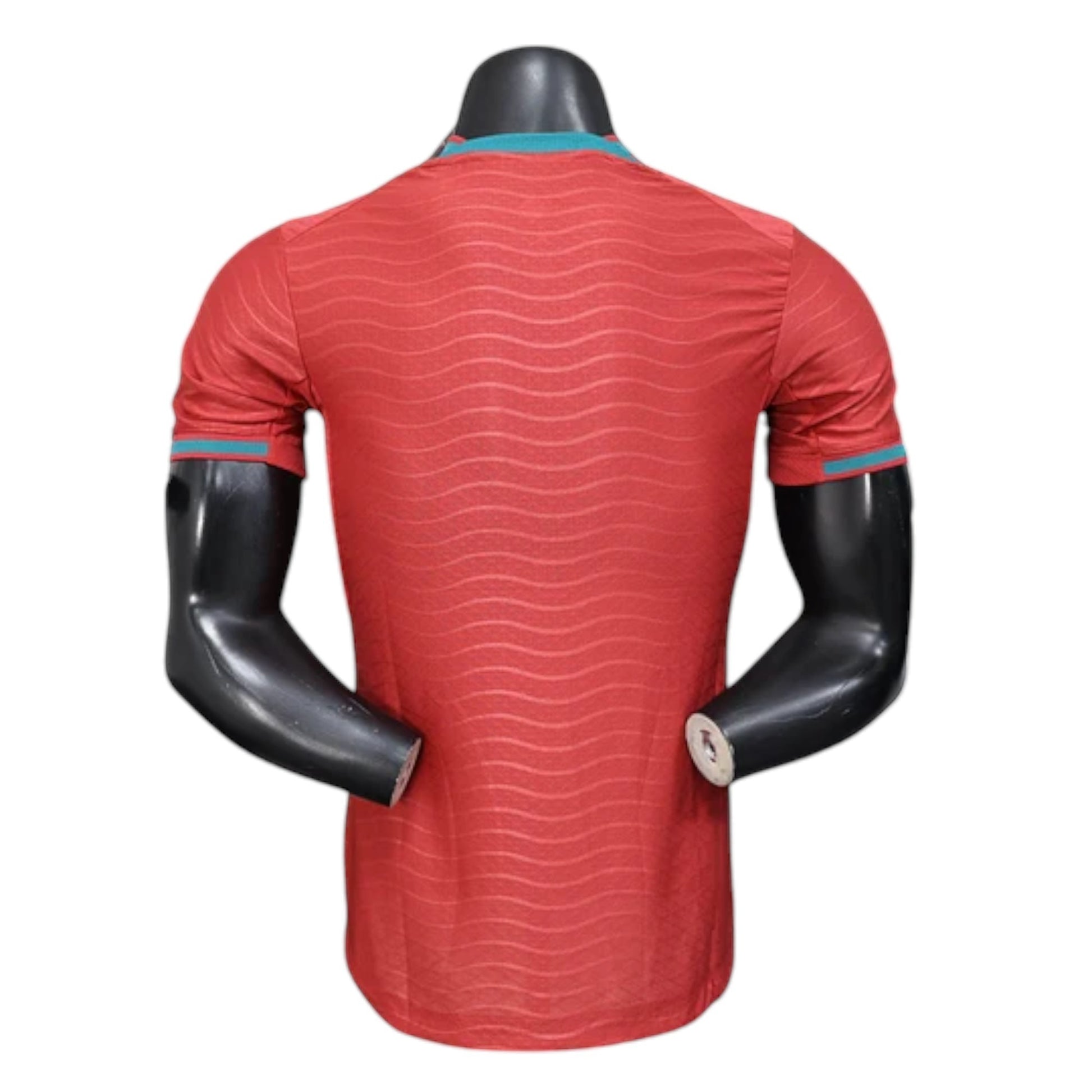 GOATkitz Portugal 2026 player version home jersey, red with teal accents and wave pattern. Customizable.